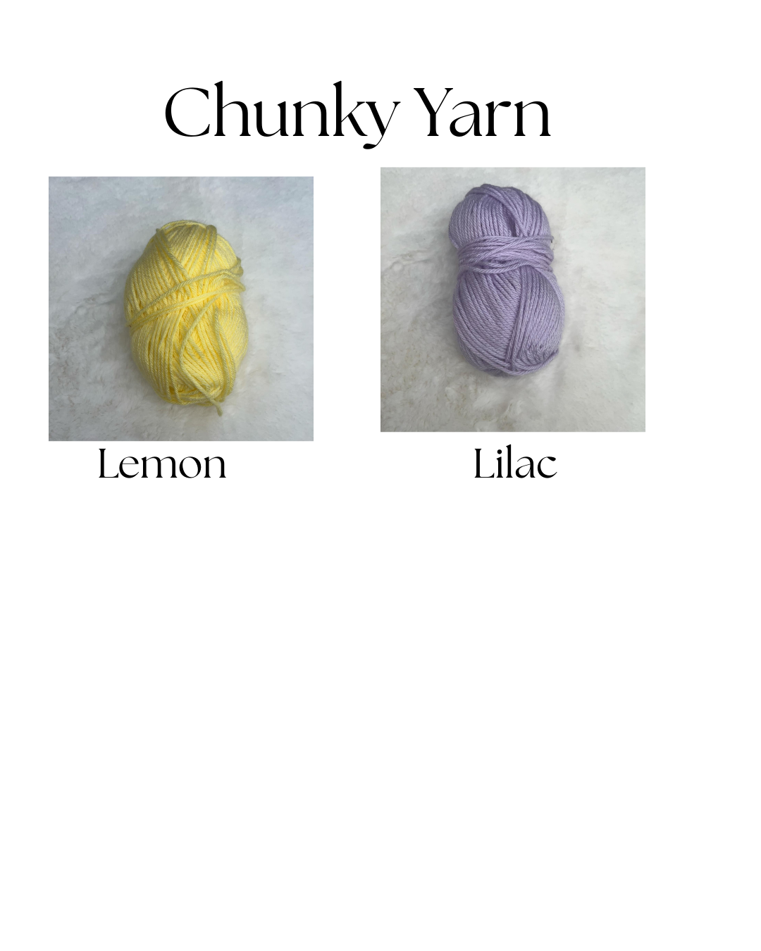 Two balls of yarn, one lemon and one lilac, on a white background with 'Chunky Yarn' text above.