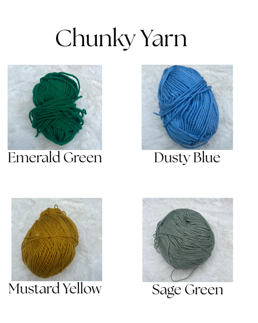 Four balls of yarn in different colors on a textured white background with text indicating the color names.