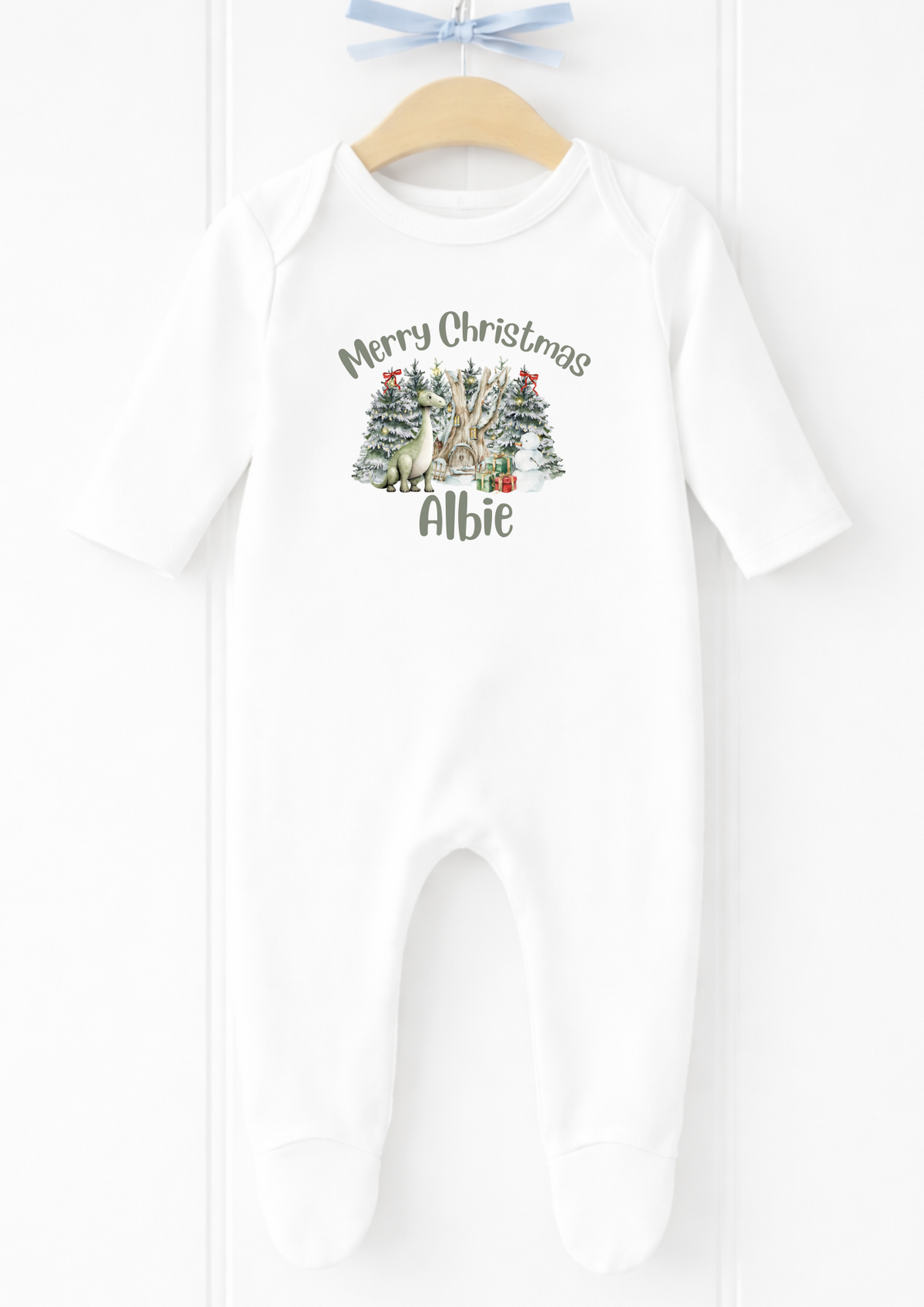 Personalised snowy Christmas tree baby sleepsuit and vest