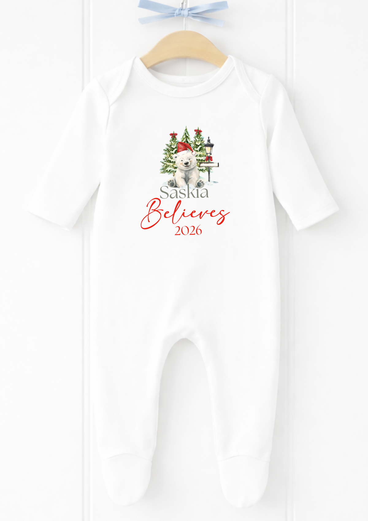 Personalised polar bear believes Christmas baby sleepsuit and vest