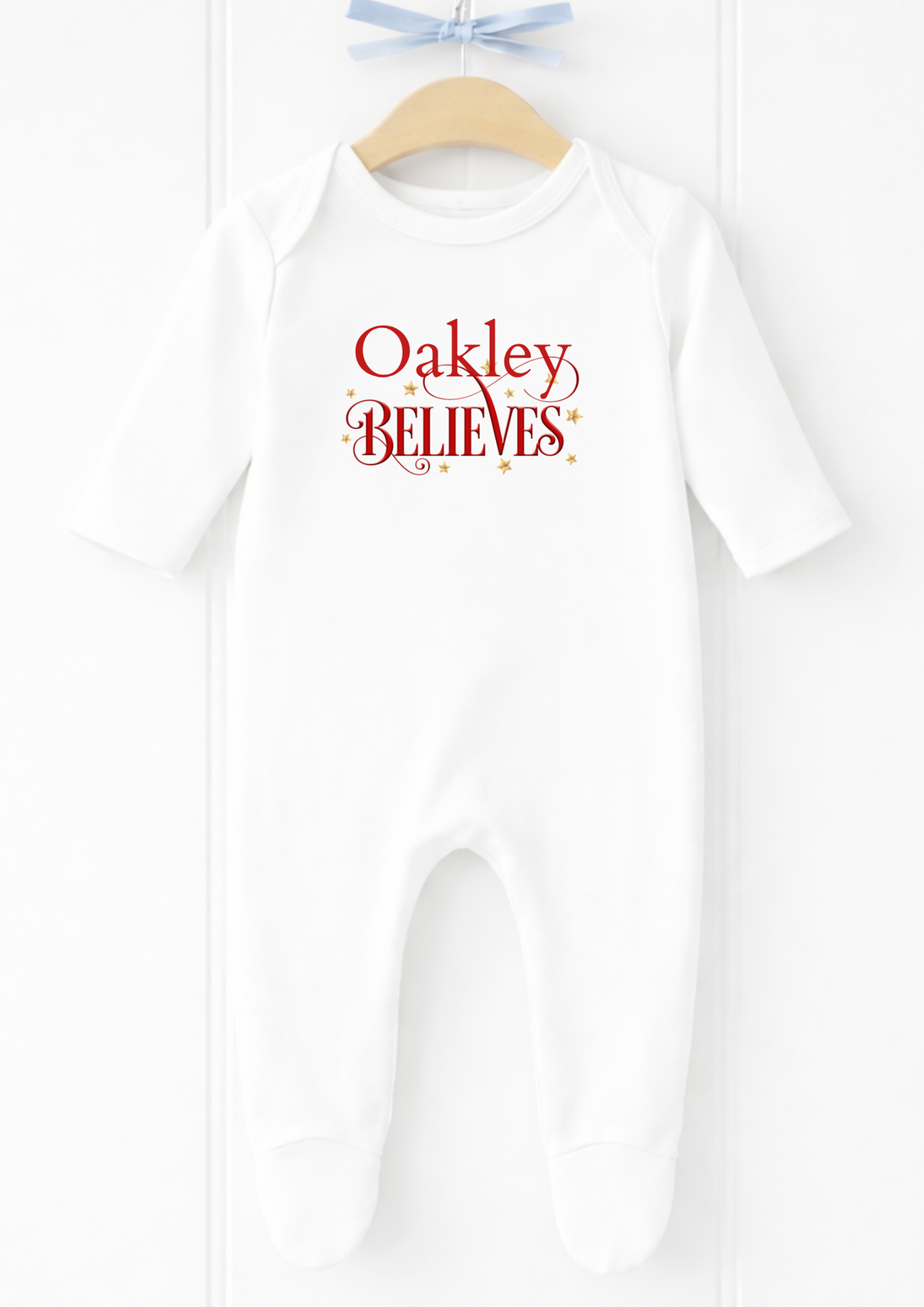 Personalised name believes Christmas baby sleepsuit and vest