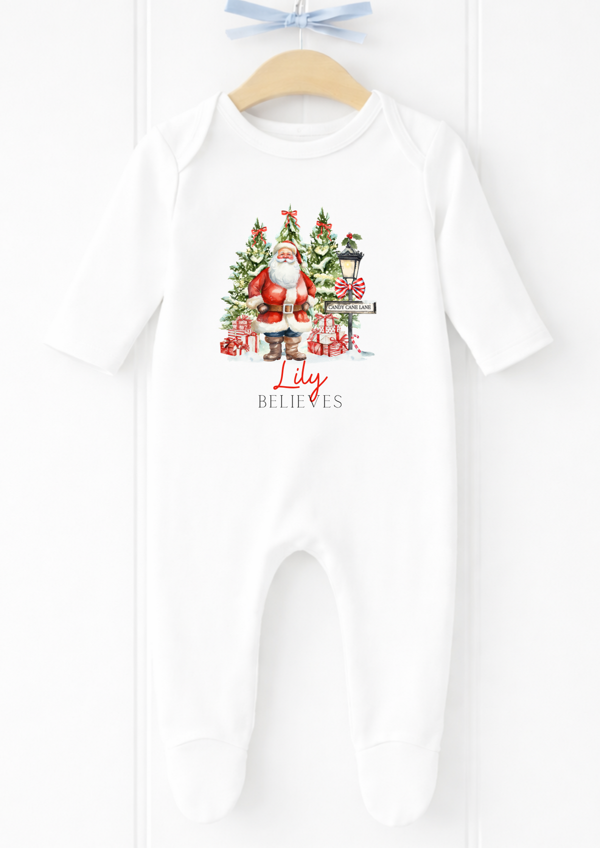Personalised Santa village believes Christmas sleepsuit and vest