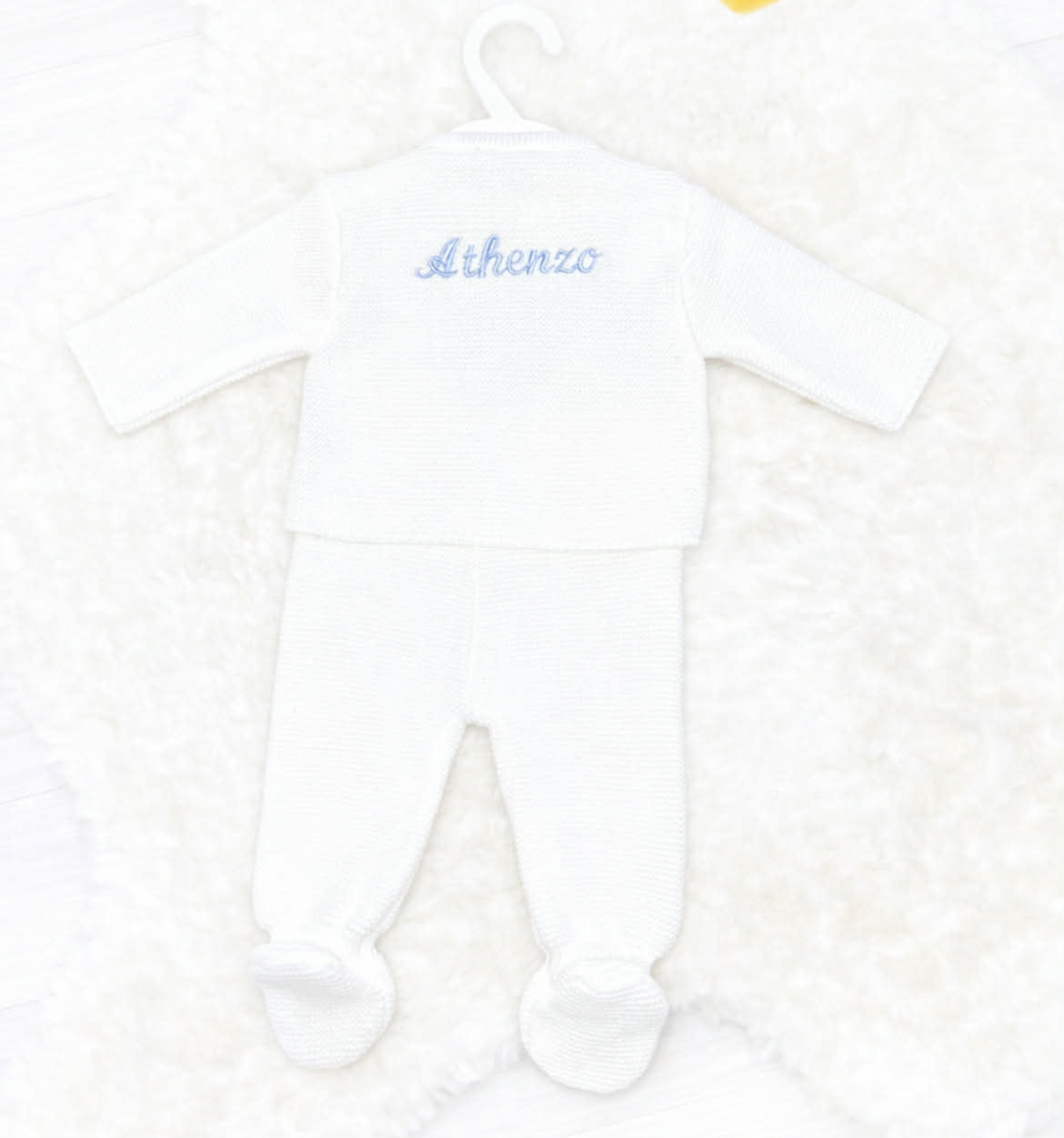 Personalised White Ribbed Baby Pom Pom Set