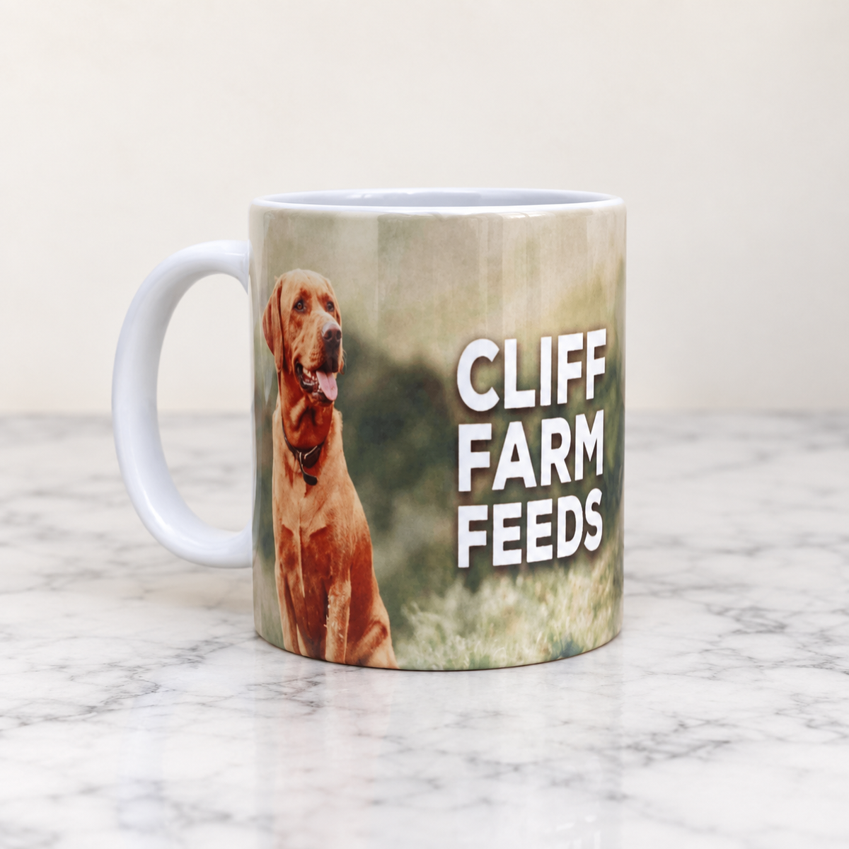 White personalised business mug printed with Cliff Farm Feeds dog branding