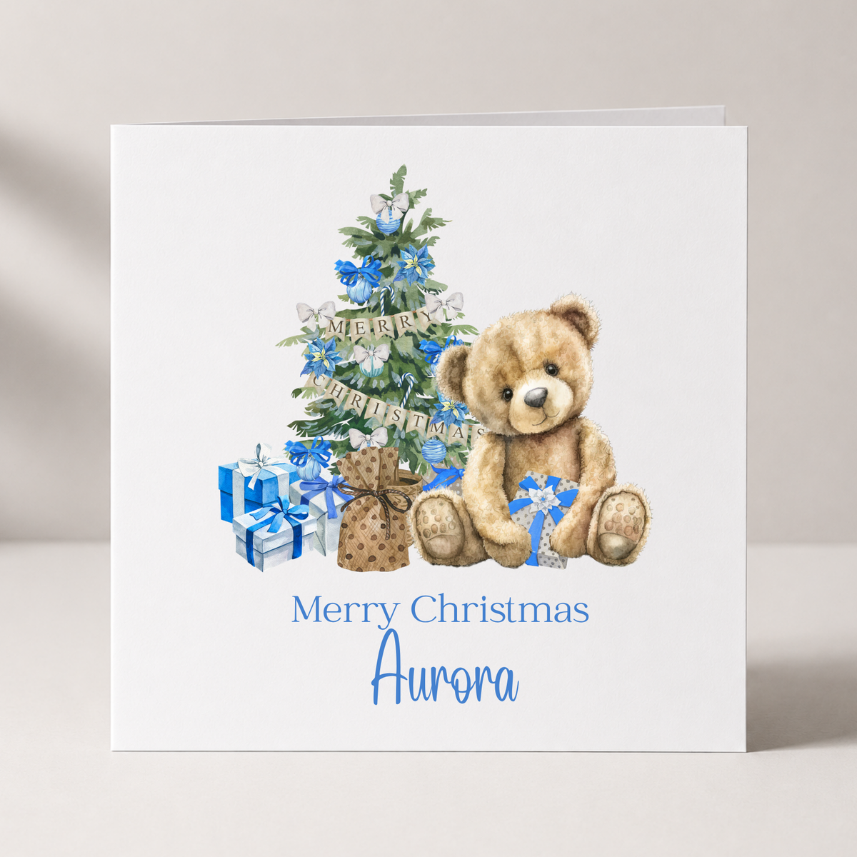 Blue Teddy Bear Personalised Christmas Card with custom names and wording