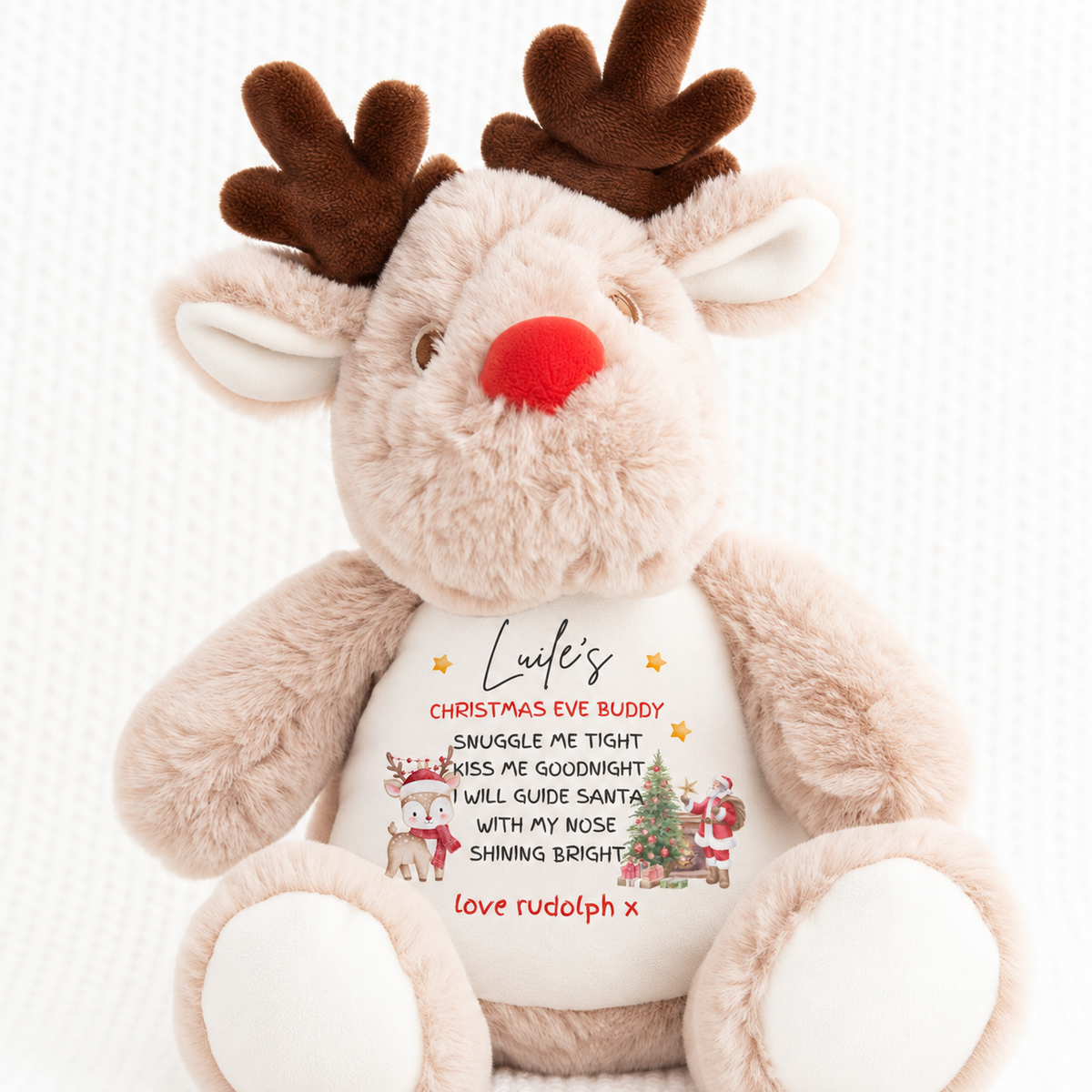 Personalised Christmas Eve Buddy reindeer teddy with name, Rudolph poem and festive Santa design