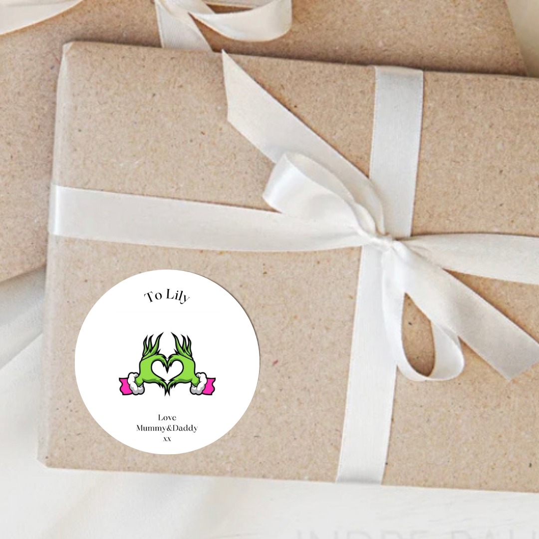 Personalised Christmas gift stickers with green festive hands forming a heart