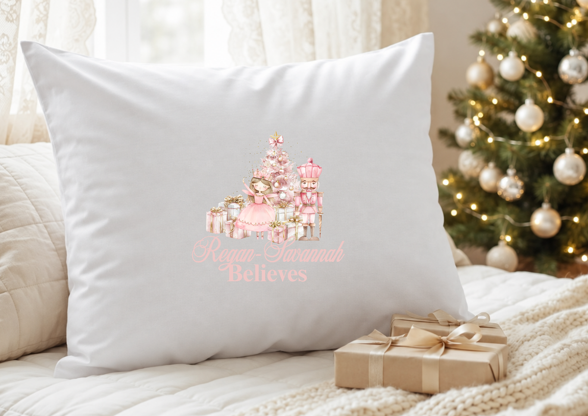 Personalised pink Christmas pillowcase with castle and believes design