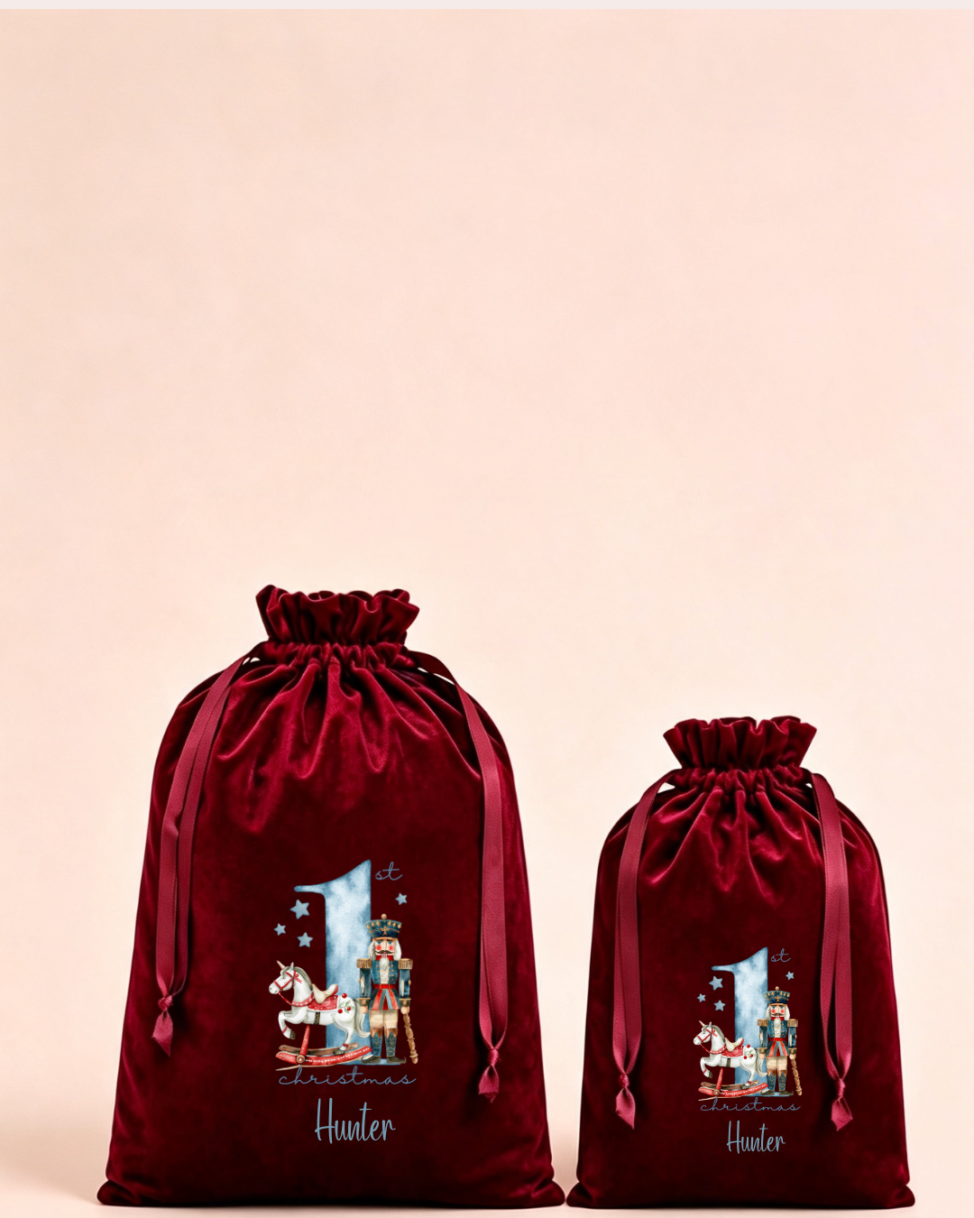 Personalised red velvet Christmas sack in medium and large with blue nutcracker Christmas design