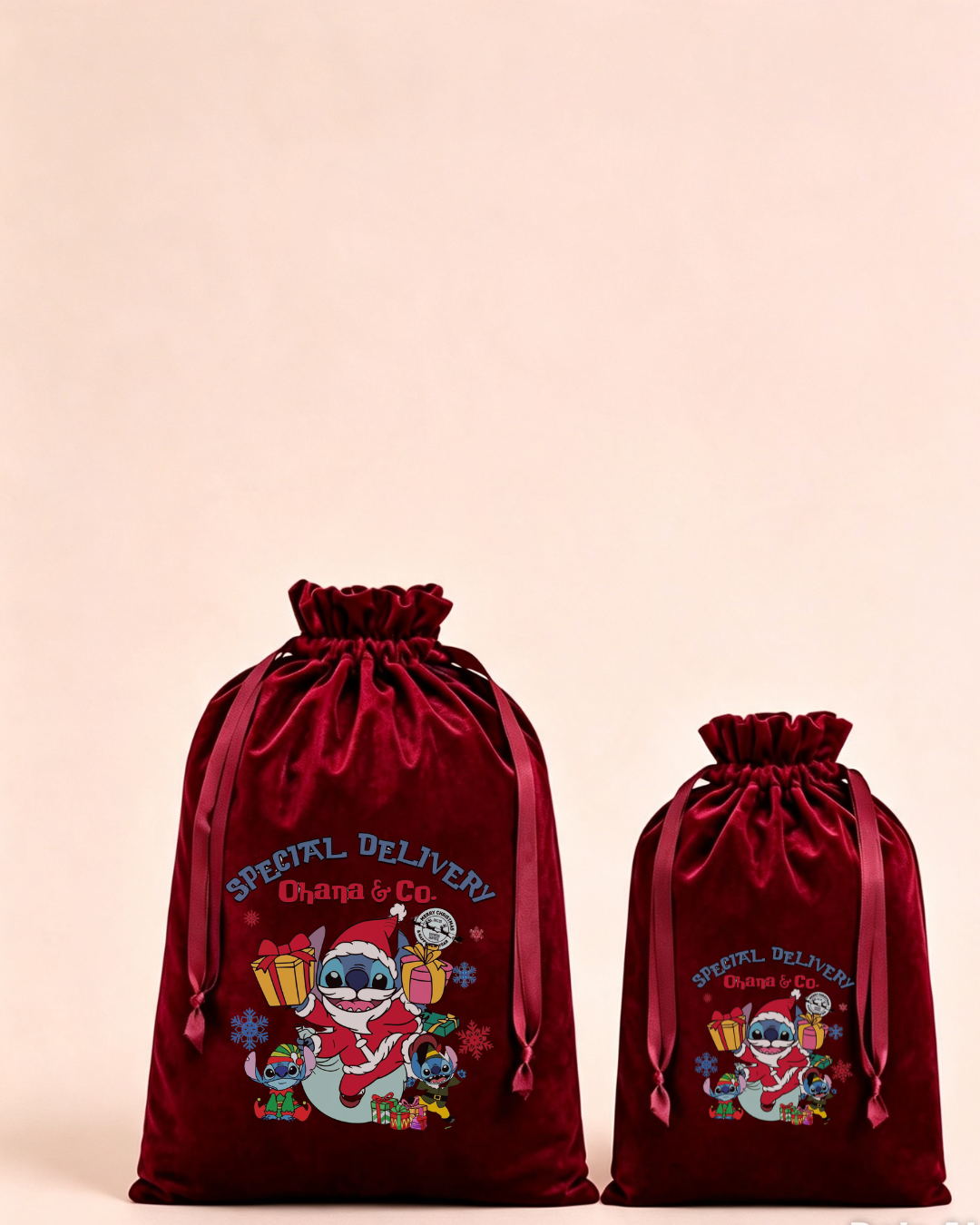 Personalised red velvet Christmas sack in medium and large with special delivery blue puppy design