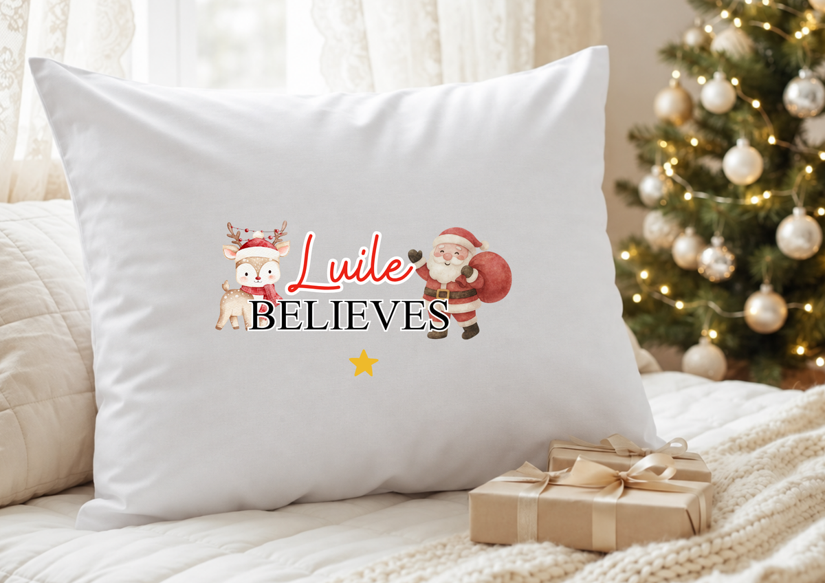 Personalised Christmas pillowcase with Santa, reindeer and believes design
