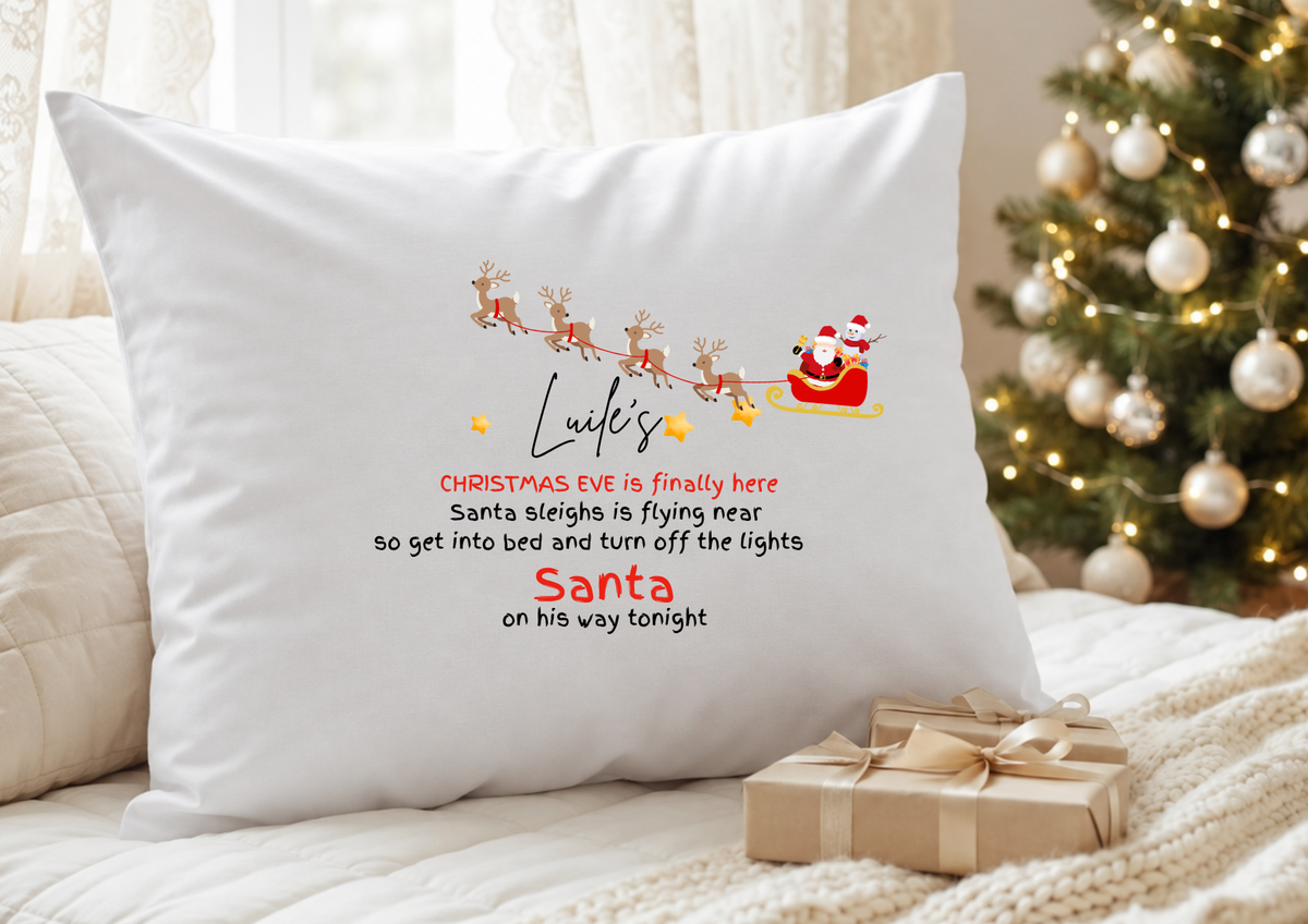 Personalised Christmas Eve pillowcase with Santa sleigh and festive poem