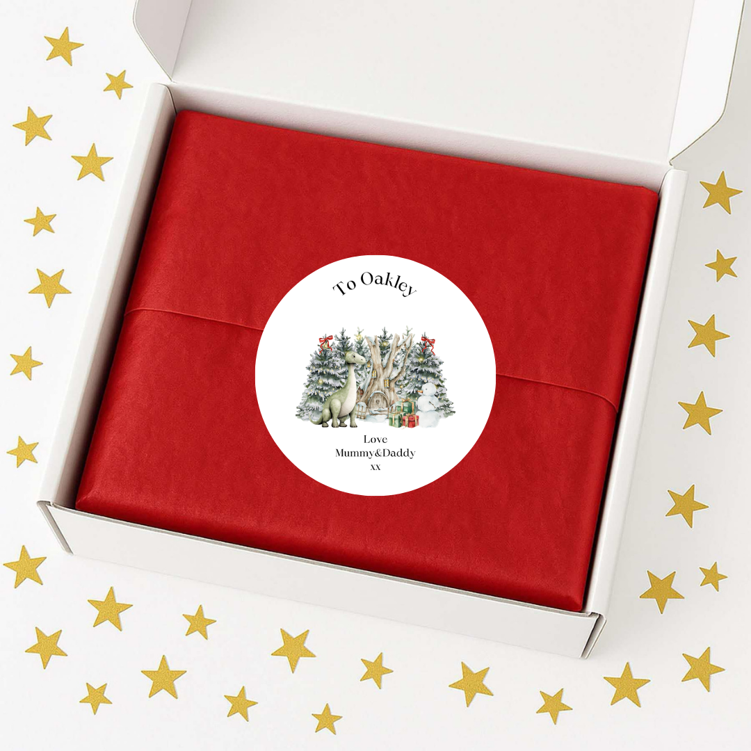 Personalised Christmas gift stickers with winter reindeer woodland scene