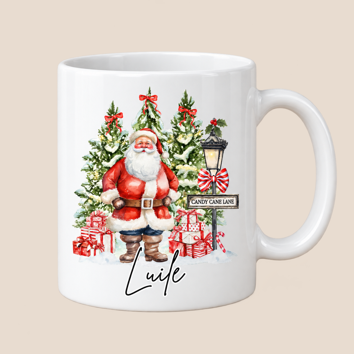 Personalised Candy Cane Lane Santa Mug with custom name