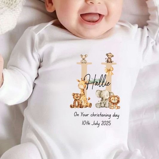 Personalised Safari On Your Christening Day Sleepsuit