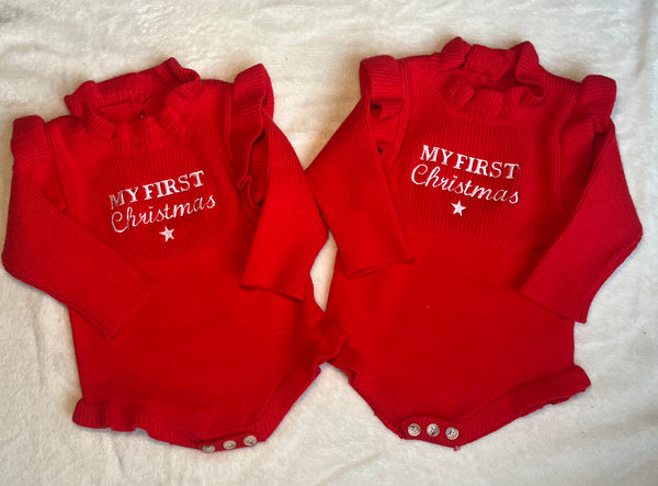 My First Christmas embroidered knitted Baby Romper