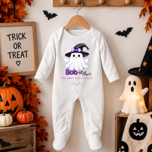 Personalised bootiful My First Halloween Baby Sleepsuit-in purple