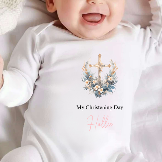 Personalised My Christening Day Floral Cross Sleepsuit