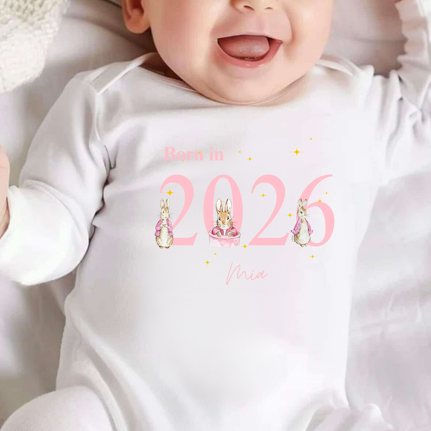 Personalised Born in 2026 Flospy Rabbit Baby Sleepsuit