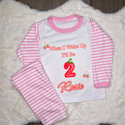 Personalised pink striped pyjamas with strawberry themed number 2 with text when I wake up with name 