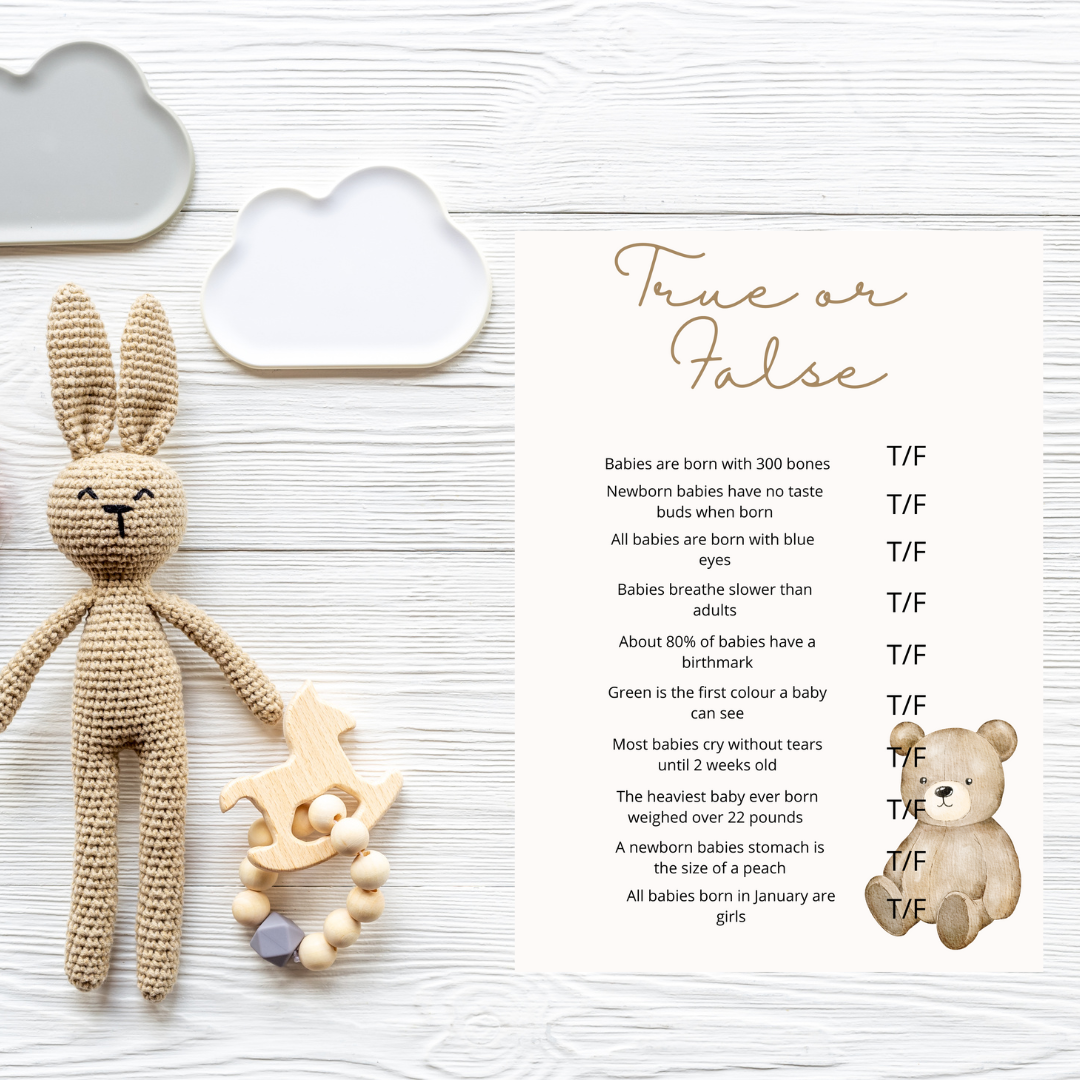 Neutral Bear Baby Shower True or False Game