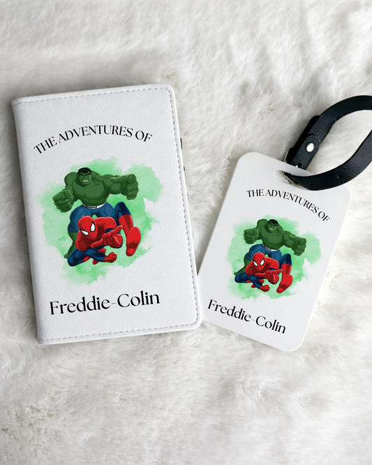 Personalised Hulk & Spidey Passport Holder and Luggage Tag Set