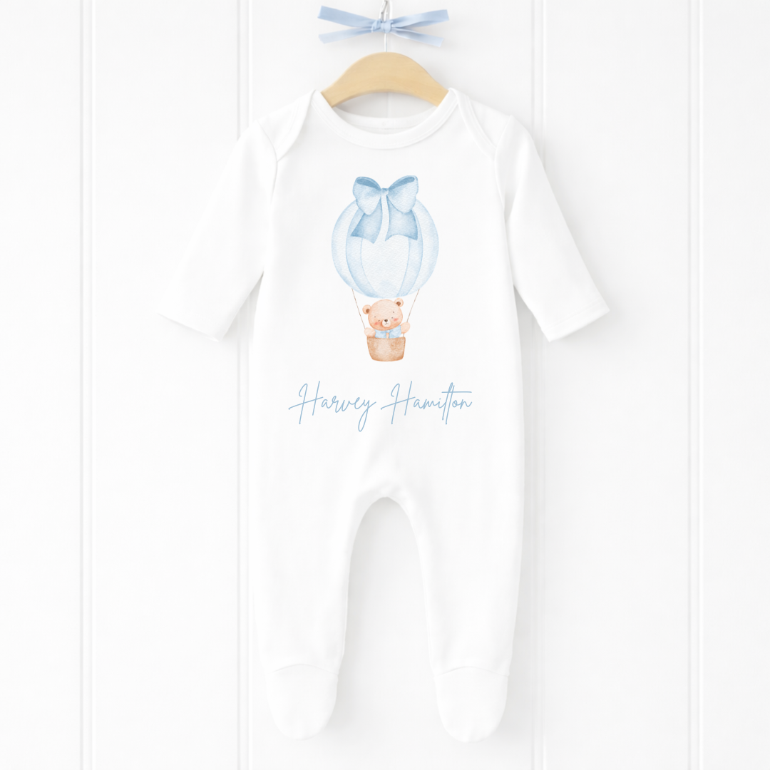 Personalised Blue Hot Air Balloon Baby Sleepsuit