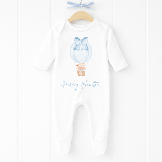 Personalised Blue Hot Air Balloon Baby Sleepsuit