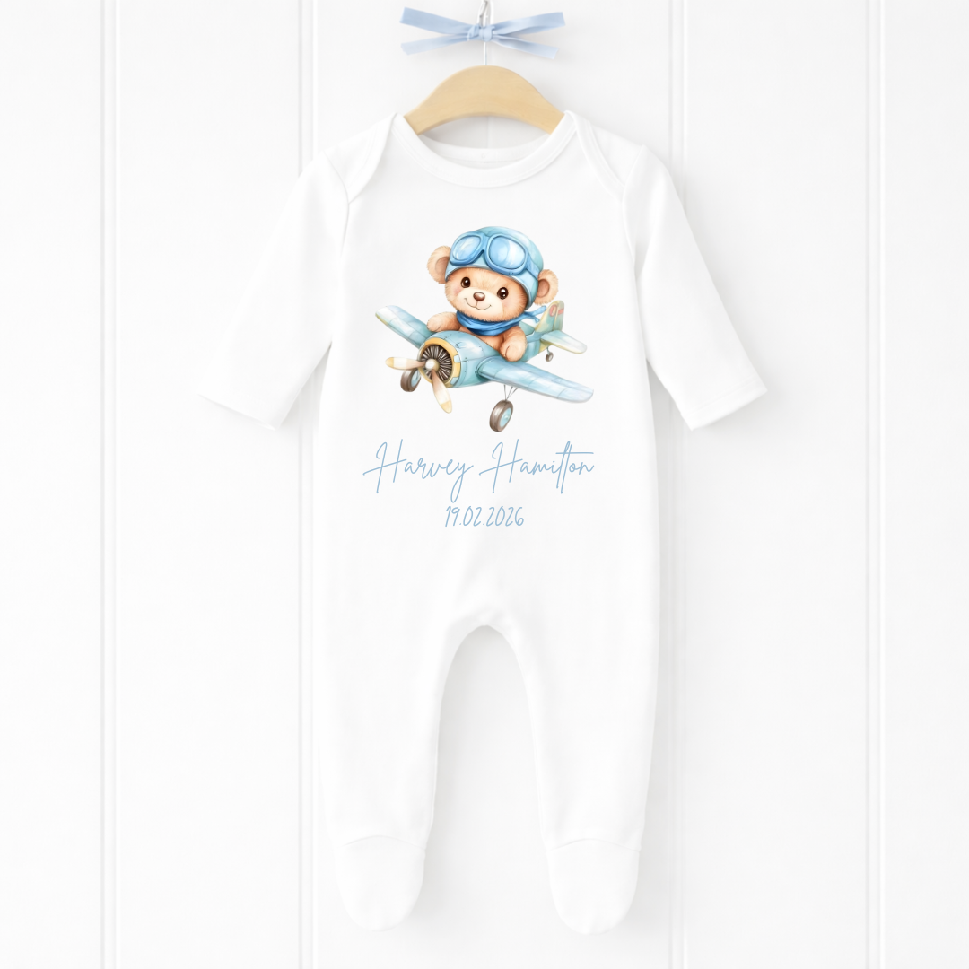 Personalised Baby Boy Flying Bear Sleepsuit