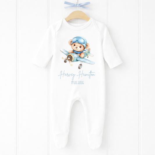 Personalised Baby Boy Flying Bear Sleepsuit