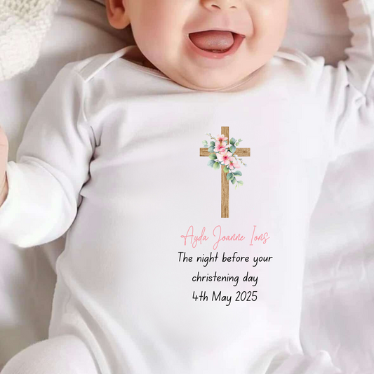 Personalised Floral Cross The Night Before Your Christening Day Sleepsuit