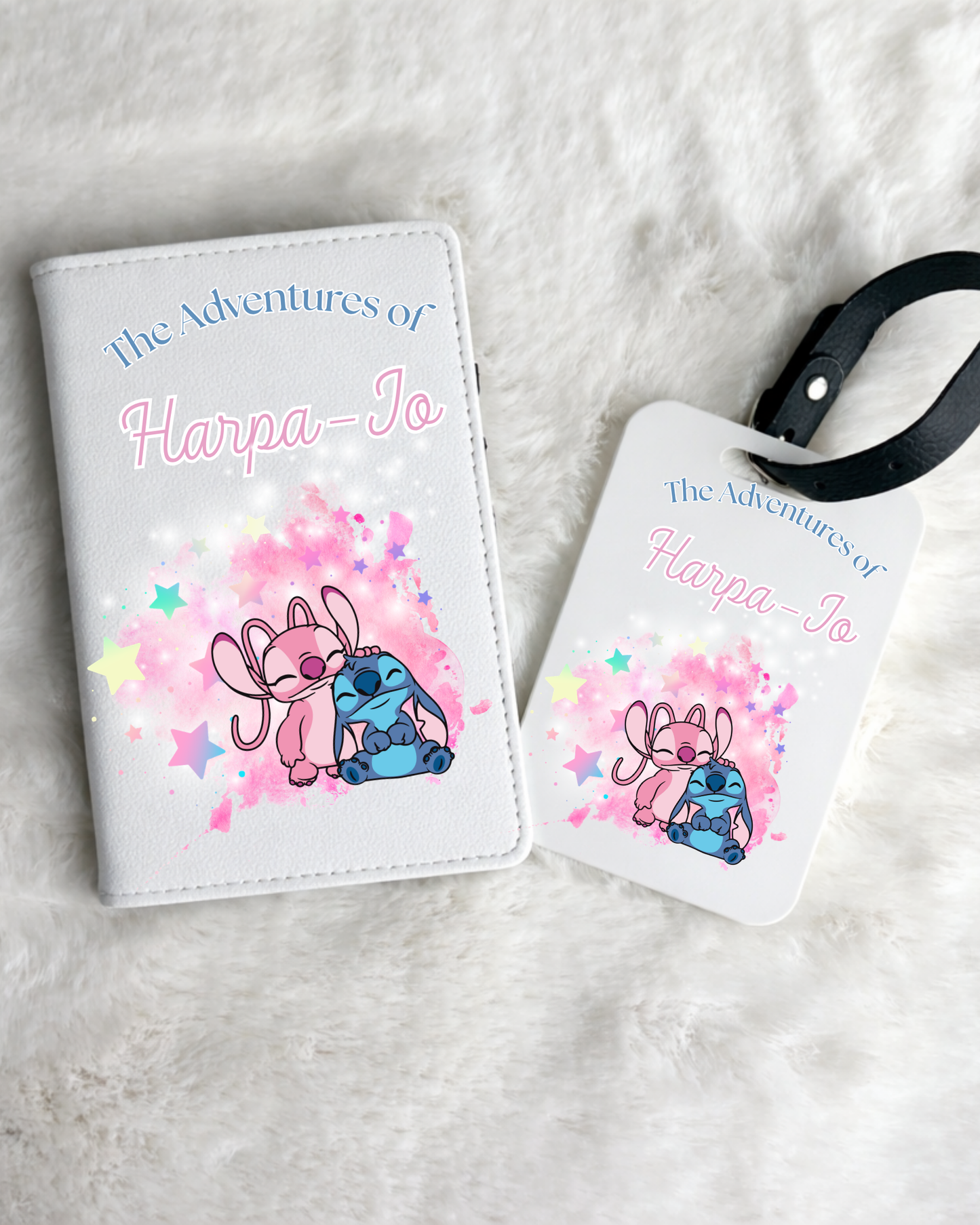 Personalised Stitch & Angel Passport Holder & Luggage Tag Set