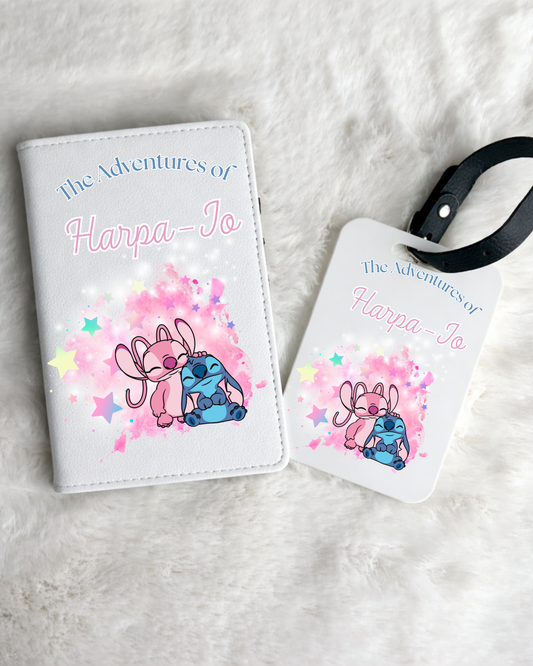 Personalised Stitch & Angel Passport Holder & Luggage Tag Set
