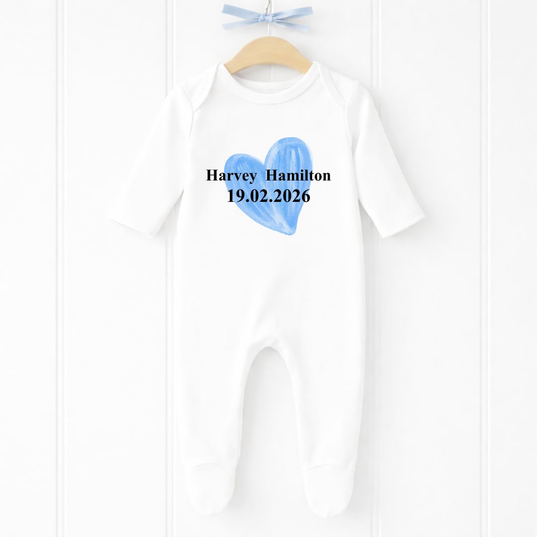 Personalised Baby Boy Blue Heart Sleepsuit