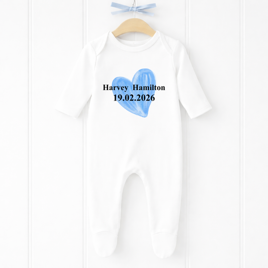 Personalised Baby Boy Blue Heart Sleepsuit