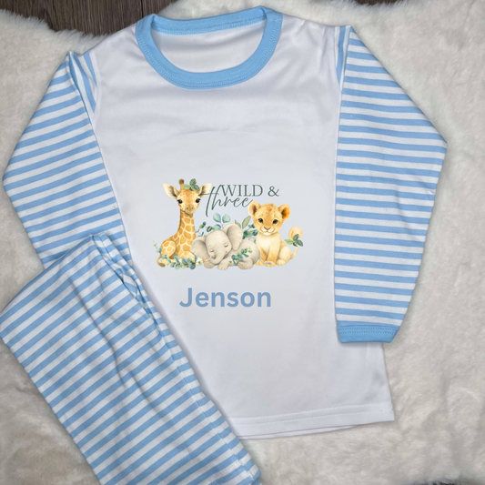 Blue striped pyjamas with three and wild safari animals with personalised text 