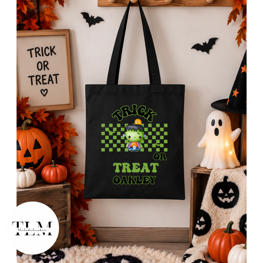 Personalised Halloween Frankenstein Trick or Treat Bag in black