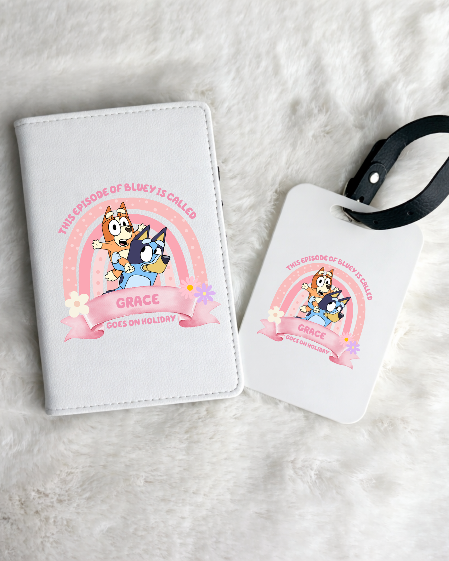 Personalised Pink Bluey Passport Holder & Luggage Tag Set