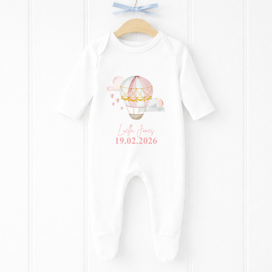 Personalised Pink Hot Air Balloon Baby Sleepsuit