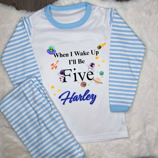 When I wake up blue striped pyjamas with space images and personalised text 