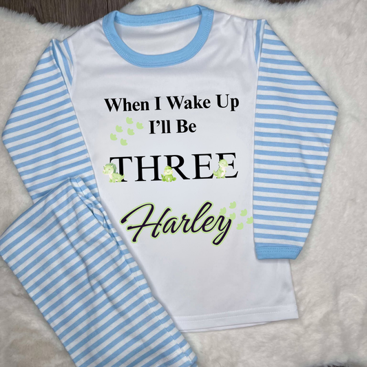 Personalised Blue striped Pyjamas with green dinosaurs and personalised text 