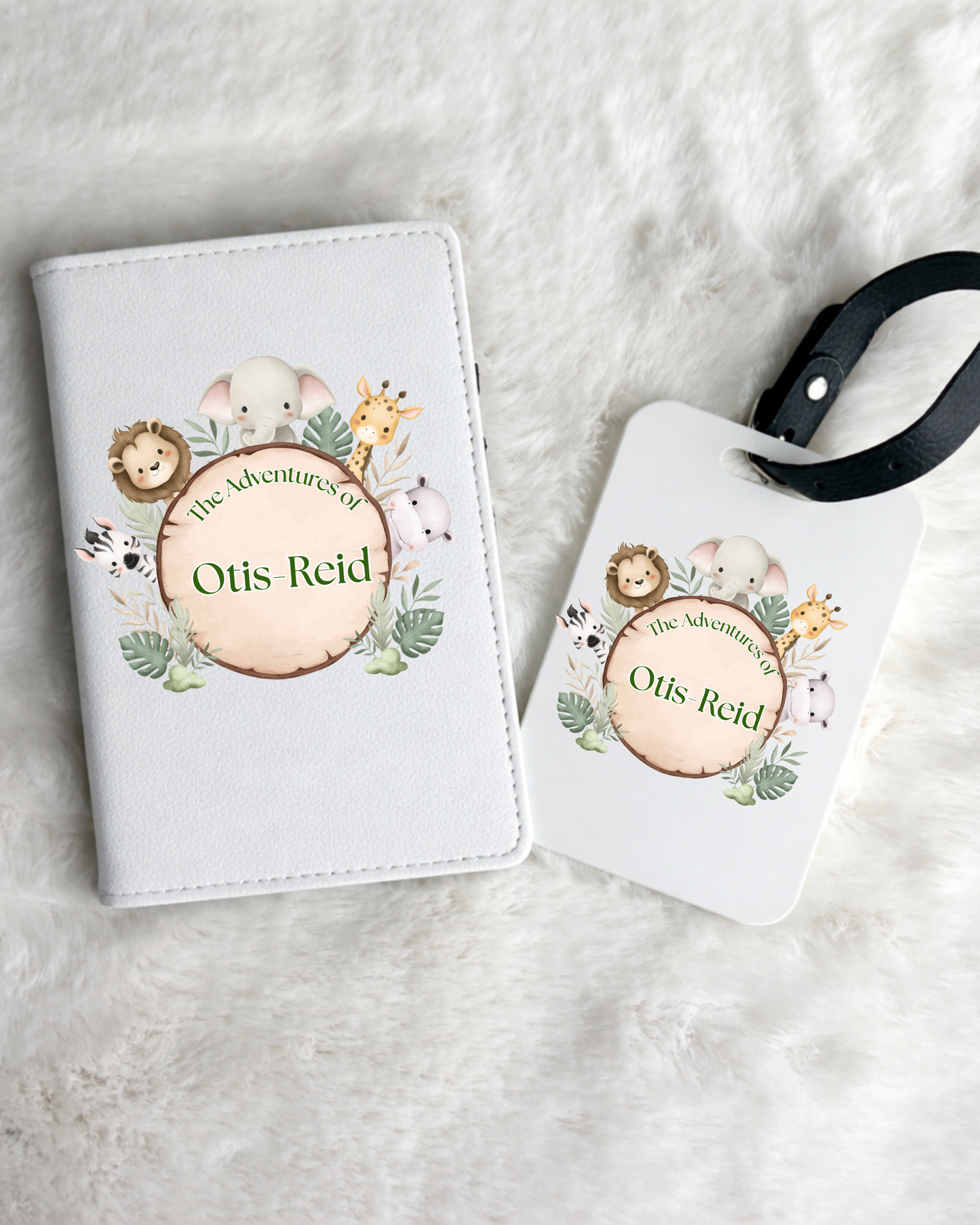 Personalised Passport Holder & Luggage Tag Safari Animal Set