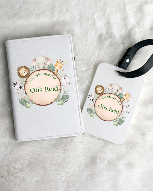 Personalised Passport Holder & Luggage Tag Safari Animal Set