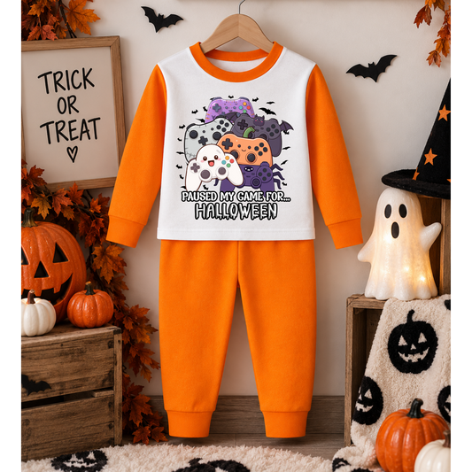 Personalised kids gamer Halloween pyjamas with spooky gaming design