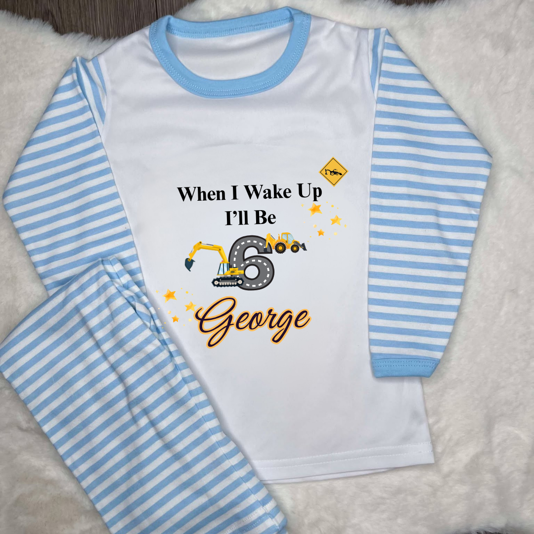 Blue striped pyjamas with construction image and personalised text 