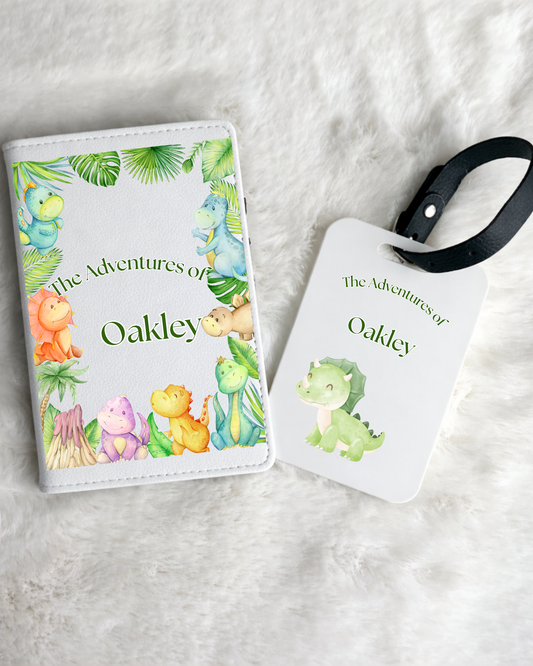 Personalised Dinosaur Passport Holder & Luggage Tag Set