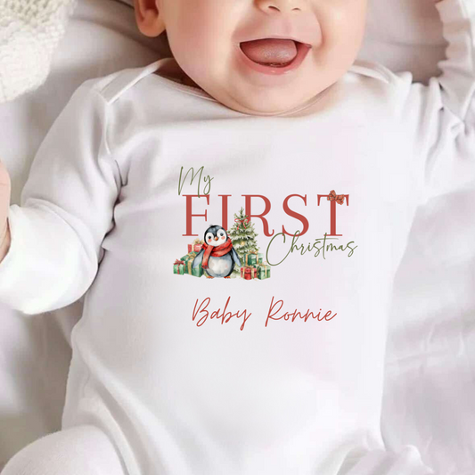Personalised My First Christmas Penguin Sleepsuit