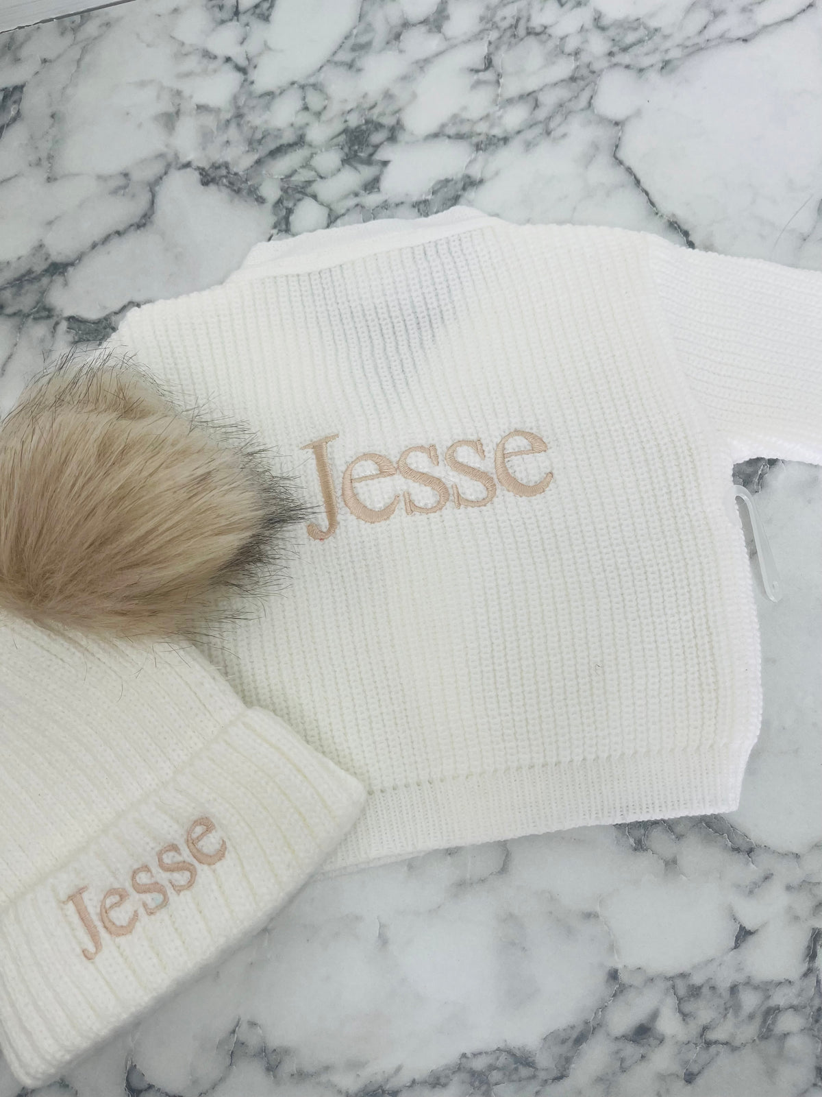 Personalised Baby Ribbed Cardigan & Double Pom-Pom Hat Set