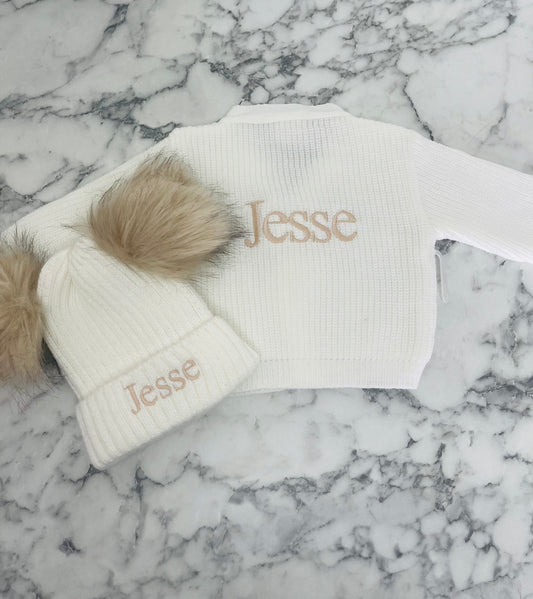 Personalised Baby Ribbed Cardigan & Double Pom-Pom Hat Set