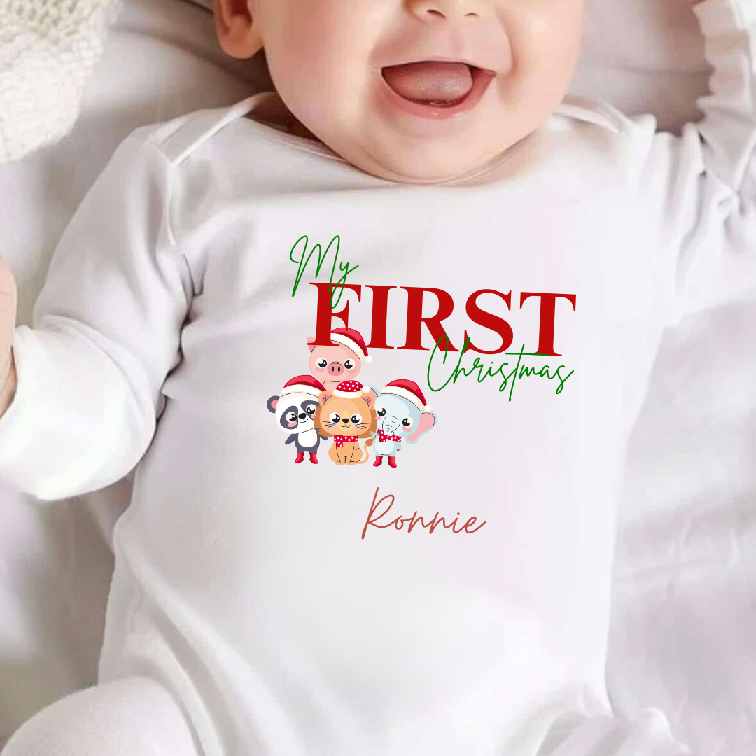 Personalised My First Christmas Safari Animals Sleepsuit